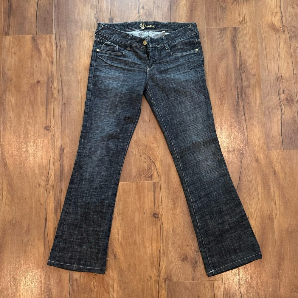 Bebe Dark Wash Low Rise Y2K jeans with back pocket detailing
